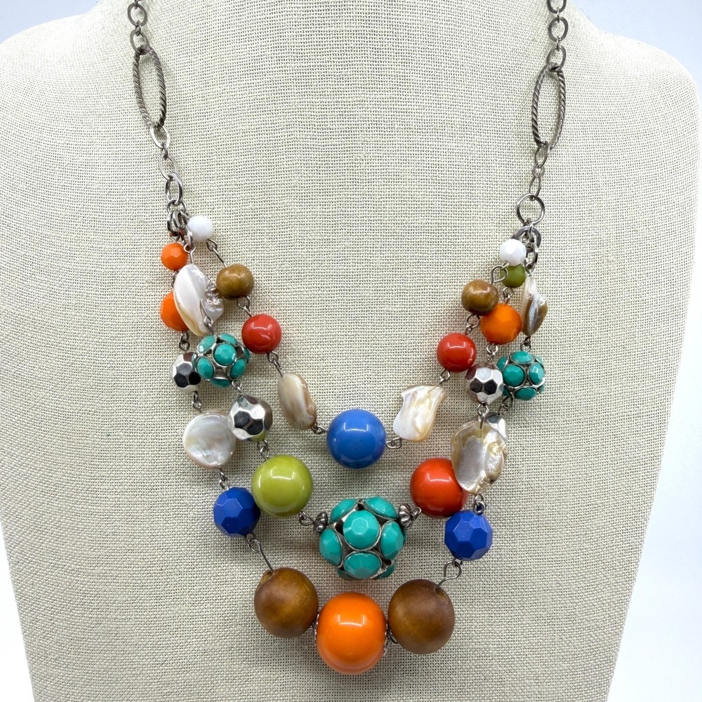 Colorful Multi-Strand Statement Necklace Chunky Bohemian Bead Mix Layer Artisan